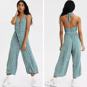 American Eagle Ditsy Print Halter Jumpsuit Cropped Wide Leg Floral Green Small